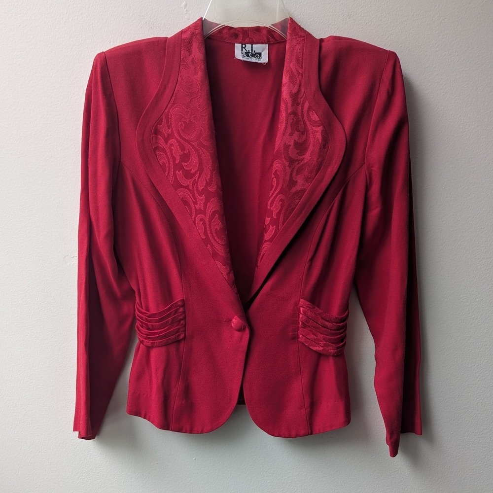 Vtg Blazer Red Jacquard Lapel Pleated Satin Trim Gothic Regencycore Victorian